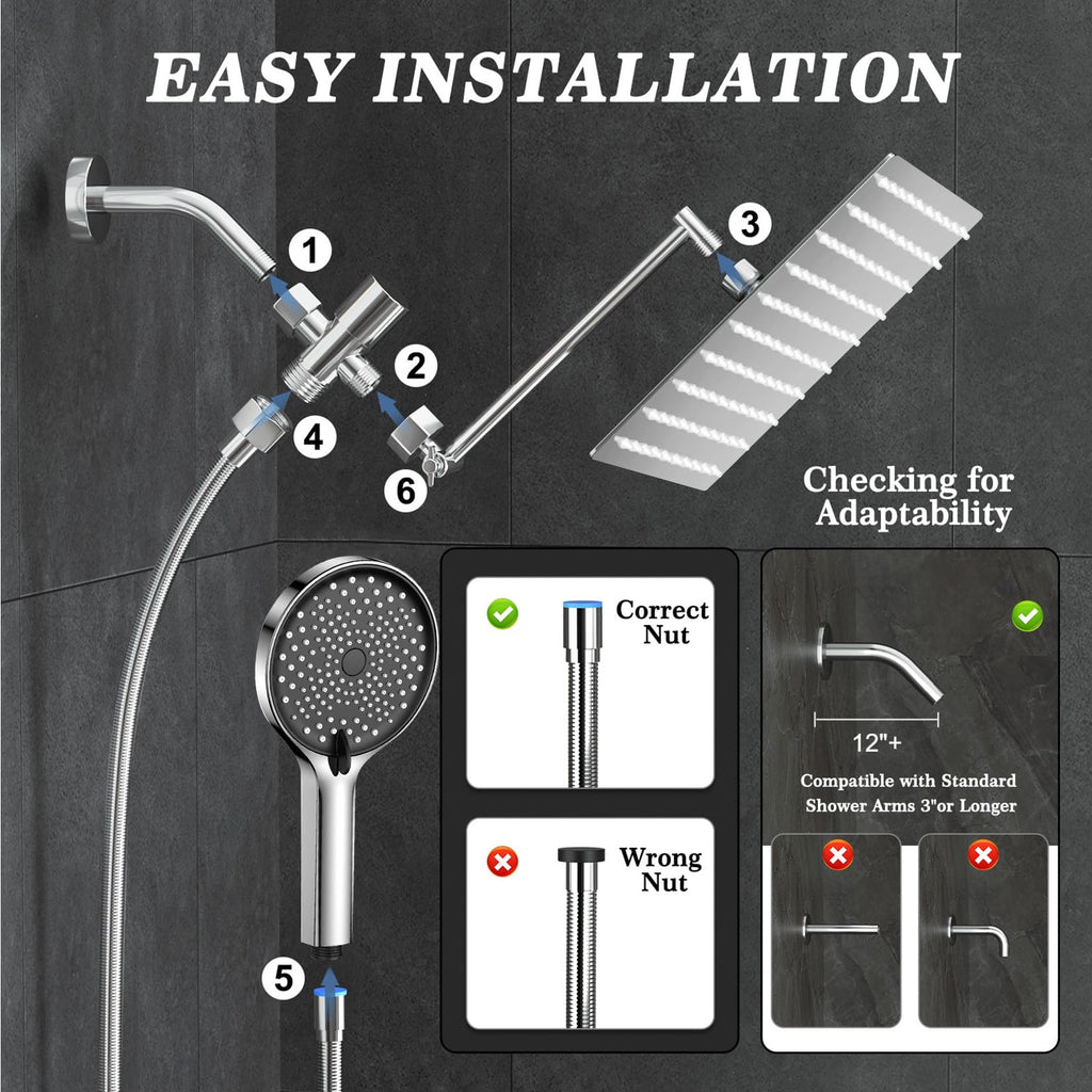 12 Inch Shower Head, Rain Shower Head with Adustable Extension Arm, Detachable Silver Rina Shower Head with Handheld Spray, High Pressure Shower Hose with Holder in Bathroom(Silver)