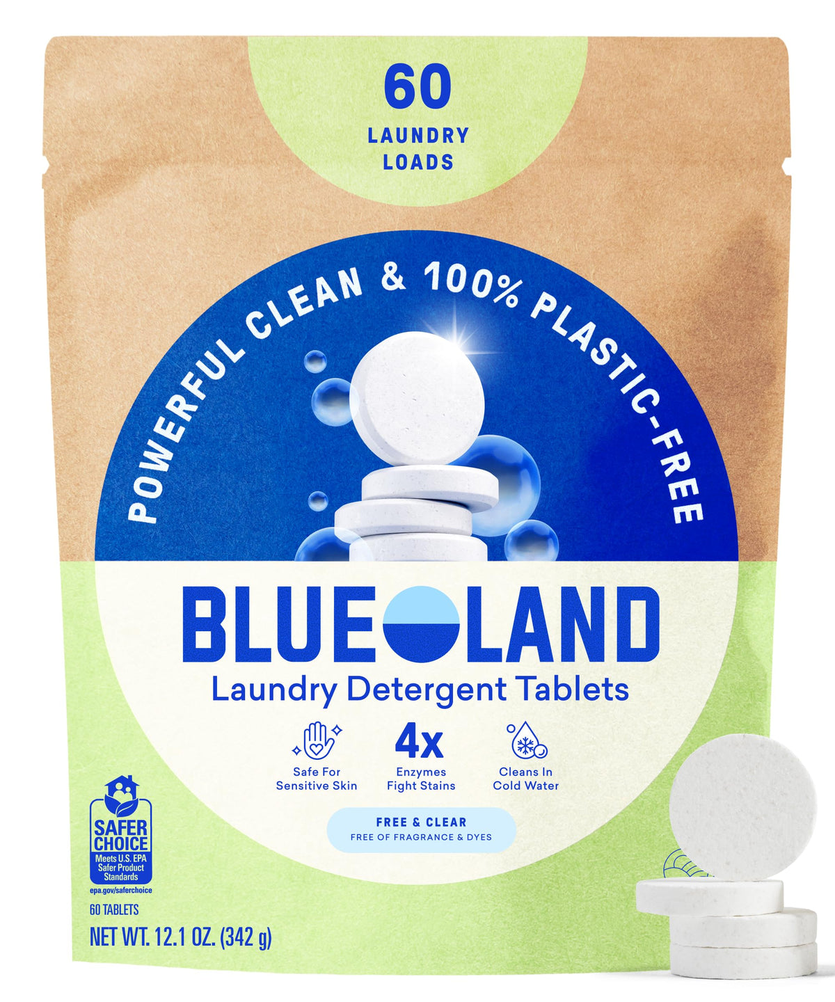 BLUELAND 100% Plastic-Free Laundry Detergent Tablets, 60ct, Free & Clear