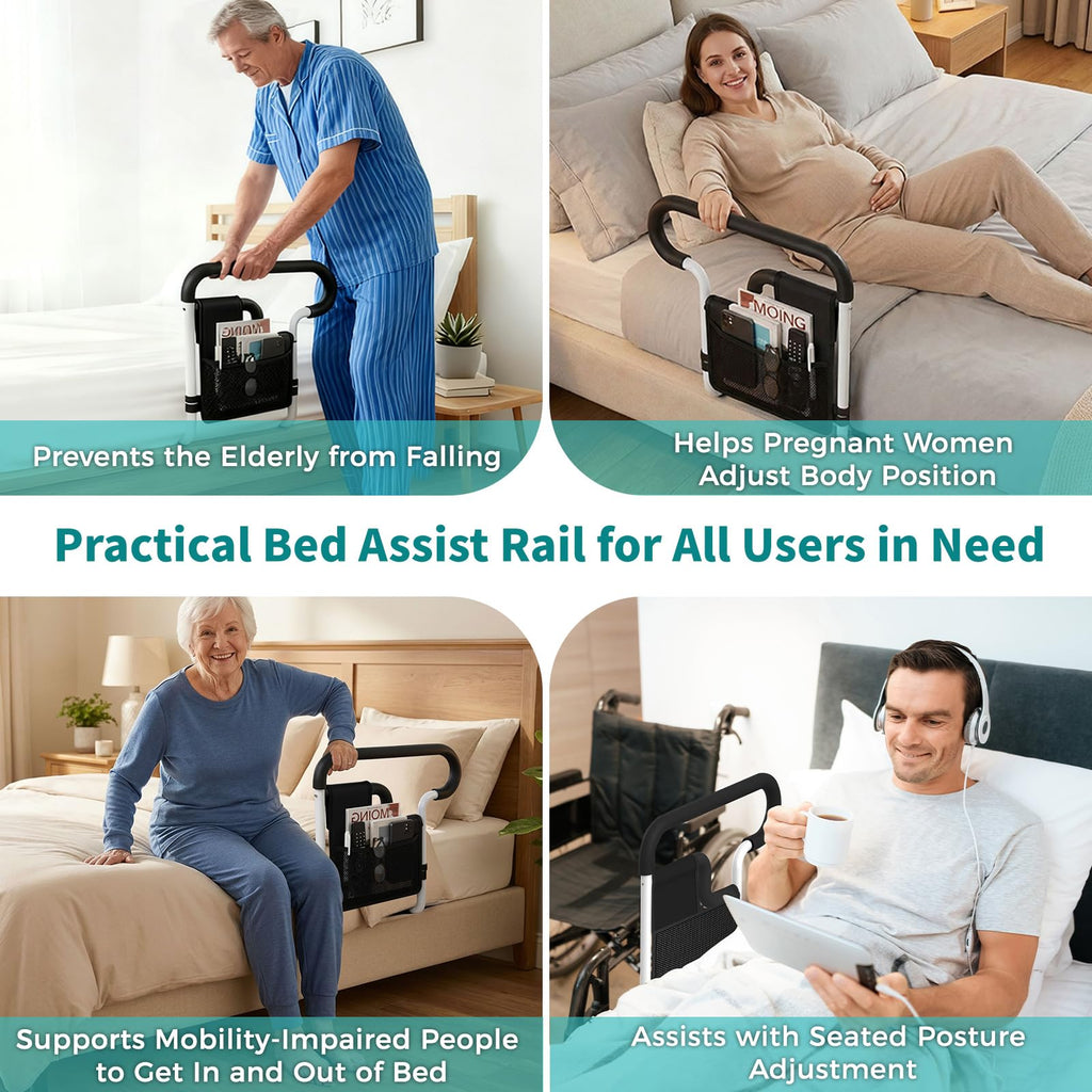 Bed Rails for Elderly Adults Safety, Height and Length Adjustable Bed Assist Rail for Senior, Bedrail with 2 Bag & Strap, Help Get in & Out of Bed, Fit Most Bed, Supports 300 lbs, Tool-Free