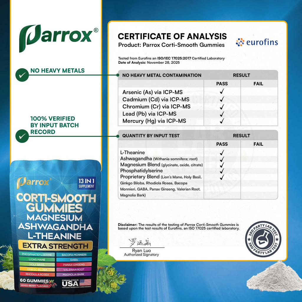 Parrox Corti-Smooth Cortisol Support Gummies with Magnesium, L-Theanine, Ashwagandha, Phosphatidylserine, Bacopa Monnieri, Lions Mane, Ginkgo Biloba, Valerian Root (60 Gummies - Mixed Berry Flavor)