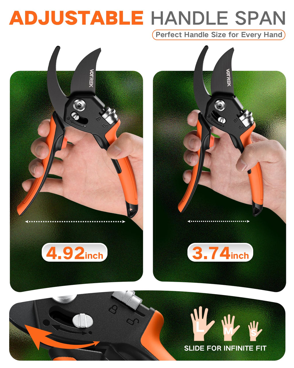 VOTREK 8.5" Garden Shears, Unique Stepless Handle Opening for All Hand Size