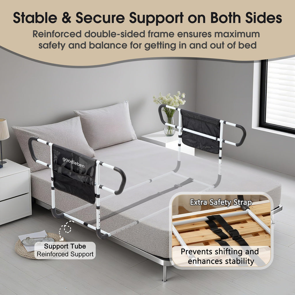 goodleben Double Bed Rail for Elderly Adults Safety, Adjustable Bed Assist Rail, Dual Side Bed Rail for Seniors Safety, Under Mattress Bed Guard Rail for Fall Prevention, Fits Twin/Full/Queen Beds
