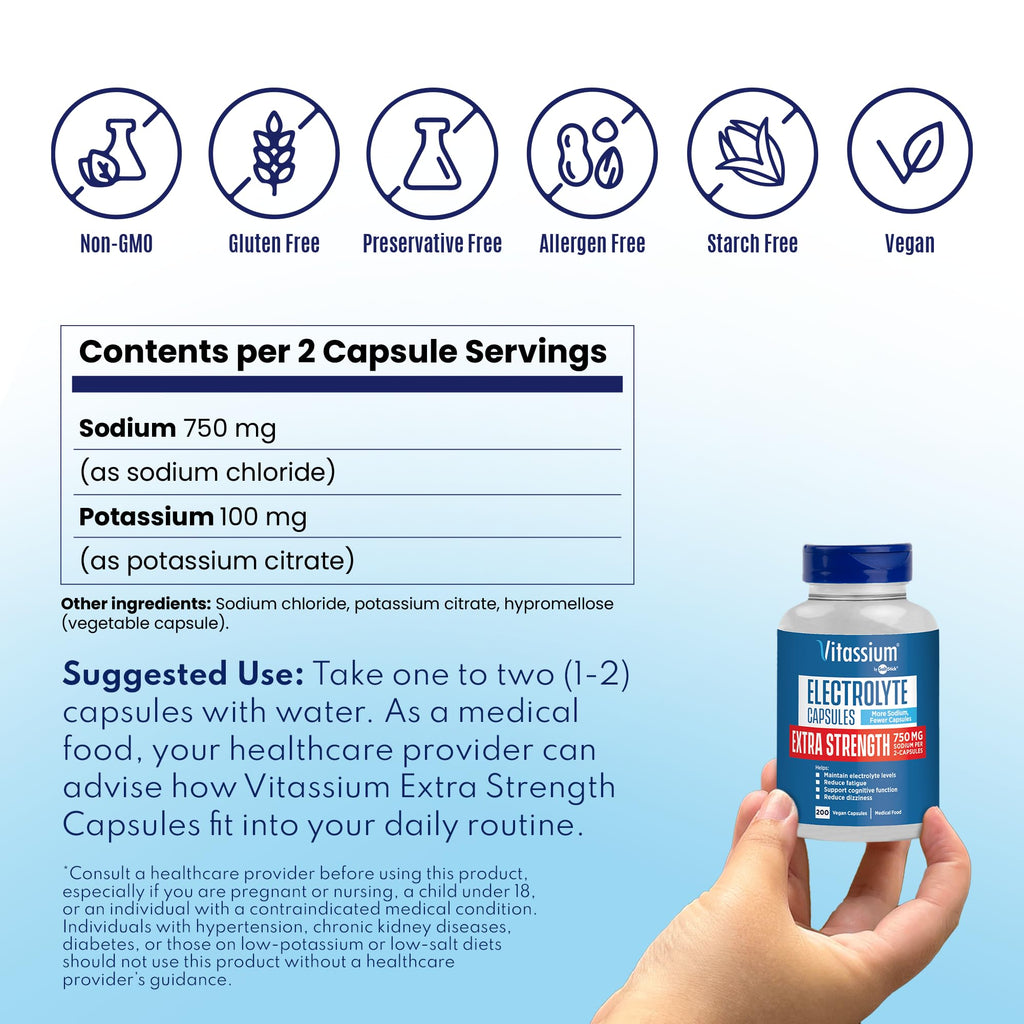 Vitassium Extra Strength Electrolyte Capsules - 750mg of Sodium for The Management of POTS and High Sodium Diets, Unflavored - 200 Salt Pills (Size 00)