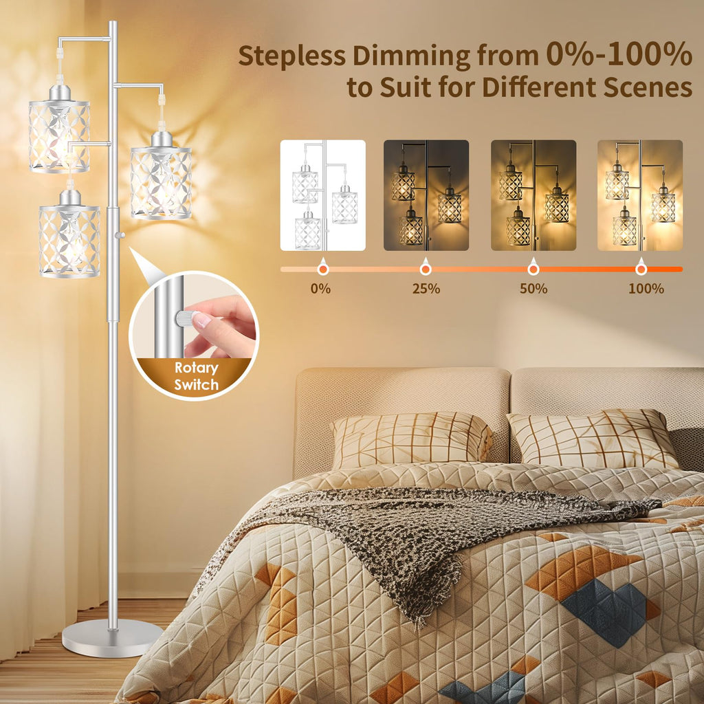 GHOOCEMLUX Dimmable Floor Lamp, Farmhouse Standing Lamp with Elegant Metal Cages, Industrial Tall Tree Floor Lamps for Living Room, Bedroom, Study Room, Office, 2000LM LED Bulbs Included -68", Silver