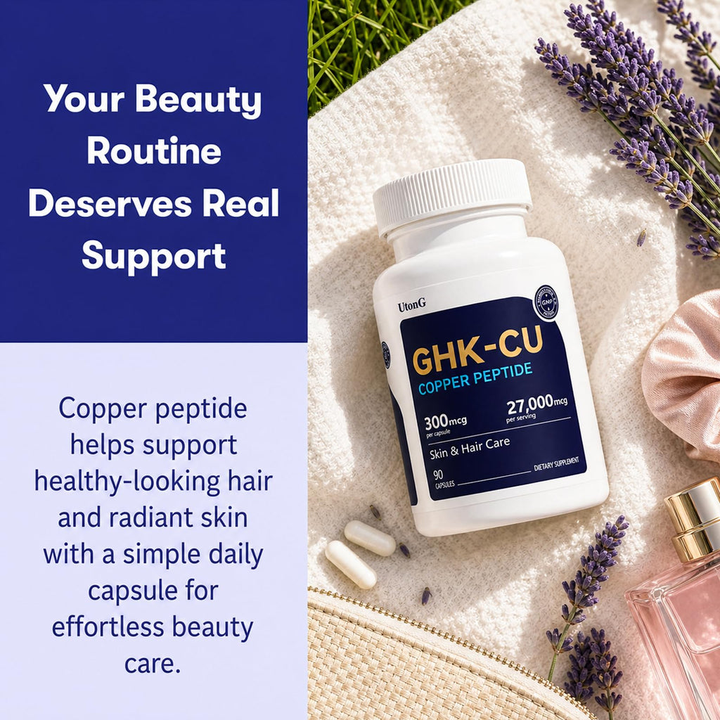 UtonG GHK-Cu Copper Peptide Supplement, Anti-Aging & Hair Growth Support, Improves Skin Elasticity & Firmness, Thicker, Fuller Hair, Easy Absorption, Precisely Dosed, 90 Vegan Capsules