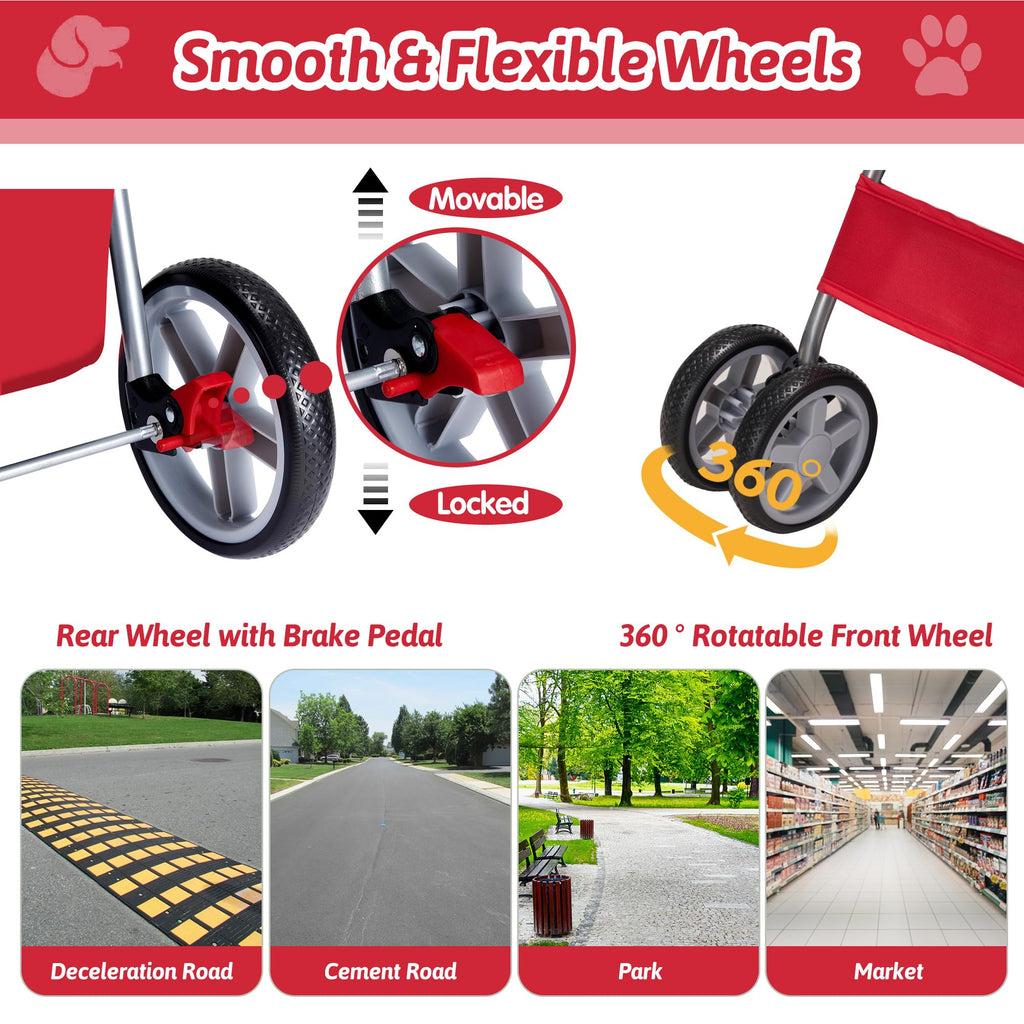Azaeahom Pet Stroller, 4 Wheels Pet Strolling Cart for Medium/Small Dogs and Cats, Foldable Cat Jogger/Dog Stroller with Cup Holder, Storage Basket, Breathable Mesh, All-Season Pet Carrier, Red