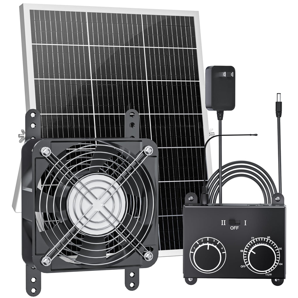 25W Solar Fan for Chicken Coop with Thermostat, Adapter, Metal Solar Powered Exhaust Fan Brushless Motor, MPPT Controller Dual Power Auto-Switch, 24/7 Operation, Dog House, Small Shed Greenhouse