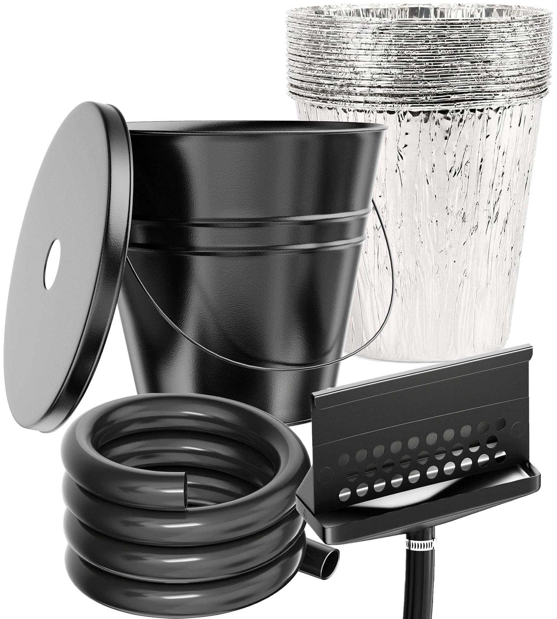 Rear Grease Drainage System for Blackstone Griddle 36" 28" 22" 17" – Large Capacity Grease Catcher Funnel with Integrated Magnetic Gate, 3.5FT Silicone Hose, Sealed Bucket W/Lid & 12-Pack Foil Liners