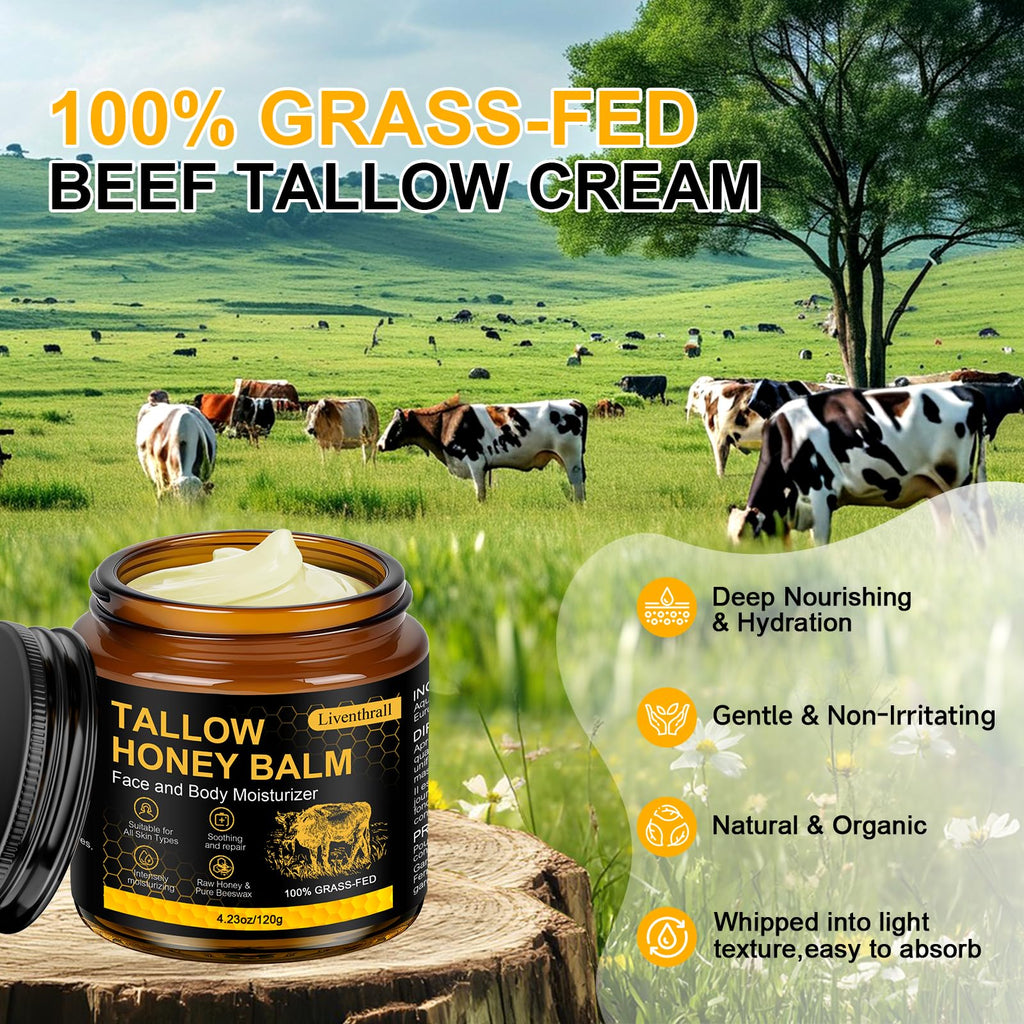 Organic Beef Tallow Honey Balm for Skin & Face, Whipped Beef Tallow Face Moisturizer with Raw Honey, Grass Fed Cow Beef Tallow Cream, All Natural Pure Body Lotion for Women & Men, Unscented 4.2 OZ