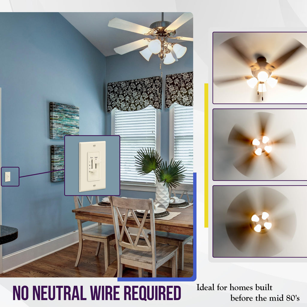 ENERLITES 3 Speed Ceiling Fan Control and LED Dimmer Light Switch, Light and Fan Combination Switch, Single Pole, 2.5A, 300W Incandescent, No Neutral Wire Required, 17001-F3-LA-F, Light Almond