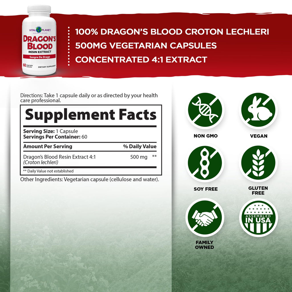 Vital Planet - Dragon's Blood Resin Extract Croton Lechleri Sangre de Drago (Sangre de Grado) Digestive Health Supplement Sustainably Sourced from Amazon Rainforest of Peru, 500mg 60 Capsules