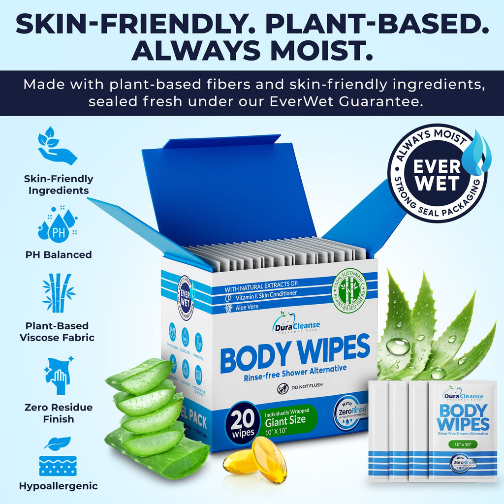 Body Wipes for Adults Bathing No Rinse - 20 Count Travel Shower Wipes - 10 x 11.5" Individually Wrapped Thick Cleansing Waterless Wash Scrubs - Disposable Washcloths for Camping & Elderly Incontinence