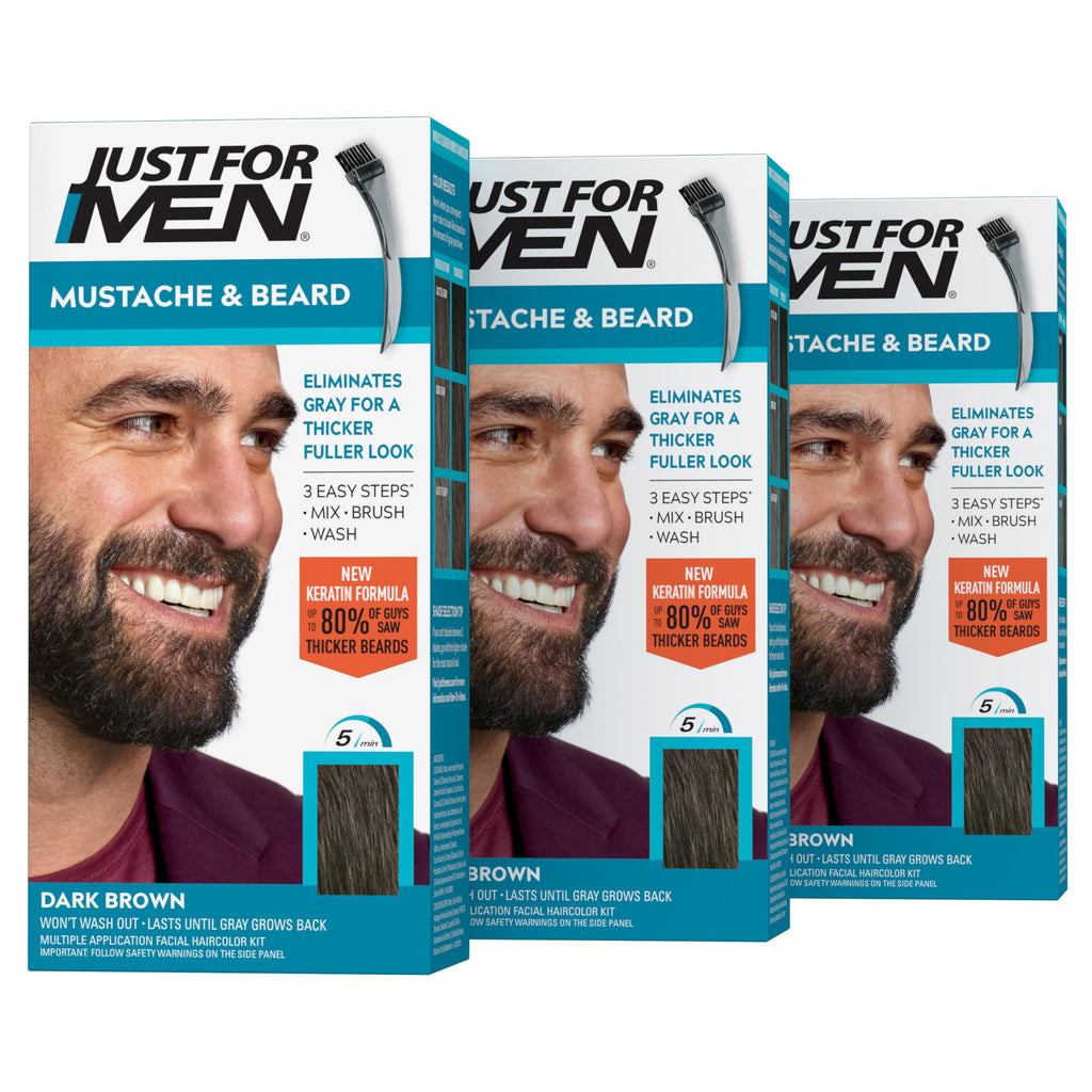 JUST FOR MEN Mustache & Beard Dye, Keratin, Dark Brown M-45 (3 Pack)