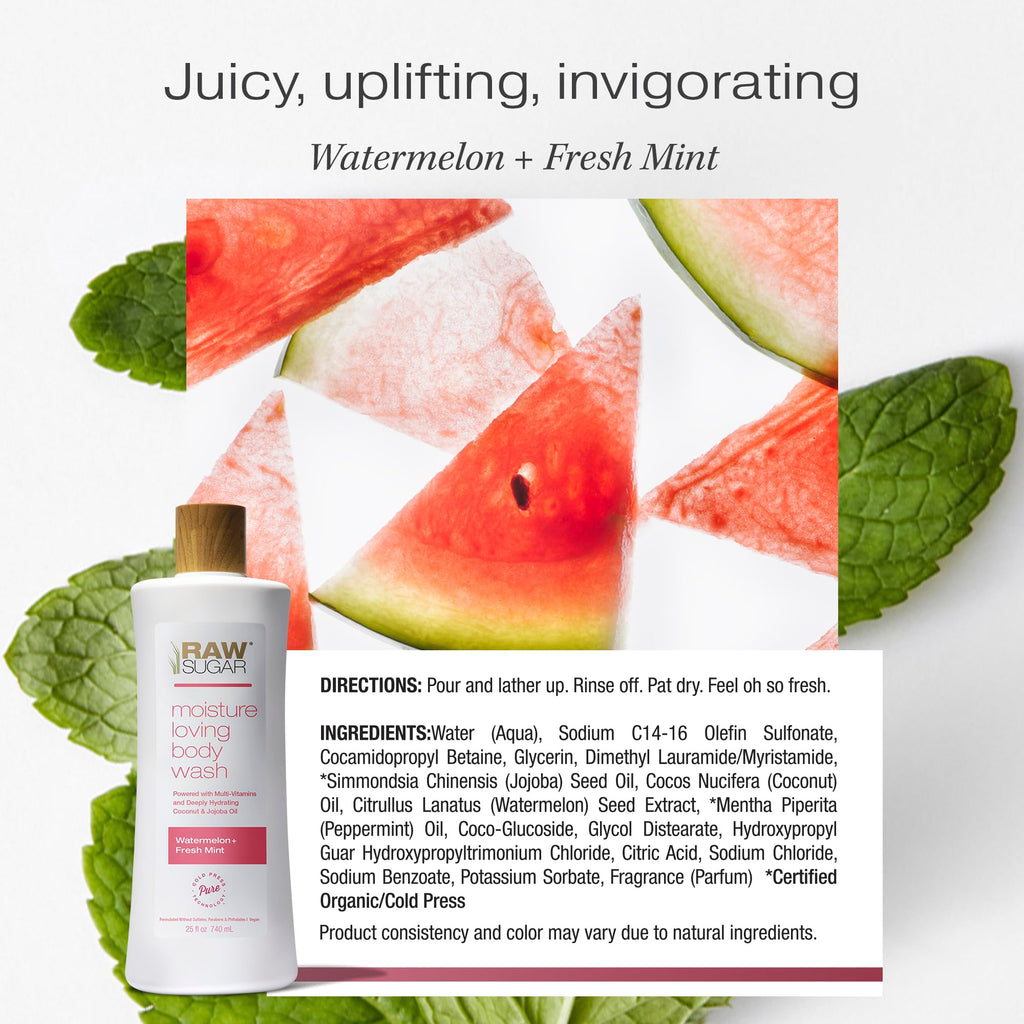 RAW SUGAR Watermelon Mint Refresh Gentle & Hydrating Body Wash, 20 Fl Oz (Pack of 3), Moisturizing & Refreshing Bath & Shower Gel, Vegan, Formulated without SLS/SLES & Parabens