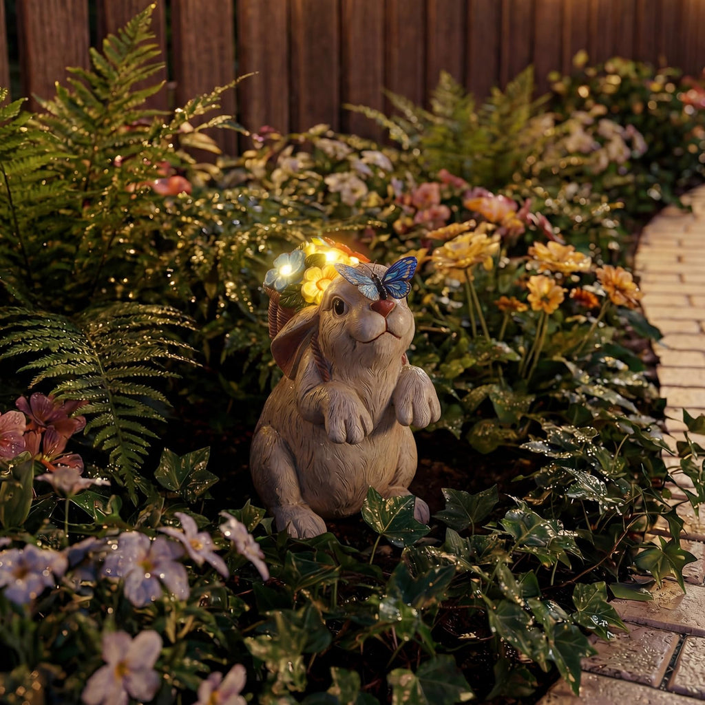 PETAFLOP Solar Garden Statues Outdoor Decor, Rabbit with Flower Basket & Butterfly for Patio Balcony Backyard Lawn Yard Decorations, Father’s Day Birthday Housewarming Gifts for Women, Mom, Grandma