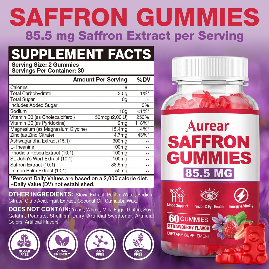 Aurear 2 Pack Saffron Gummies, 10-in-1 Saffron Supplement, Contains 88.5 mg of Saffron Extract, Mood & Sleep Support, Sugar-Free, Strawberry Flavor, 120 Count