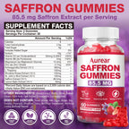 Aurear 2 Pack Saffron Gummies, 10-in-1 Saffron Supplement, Contains 88.5 mg of Saffron Extract, Mood & Sleep Support, Sugar-Free, Strawberry Flavor, 120 Count