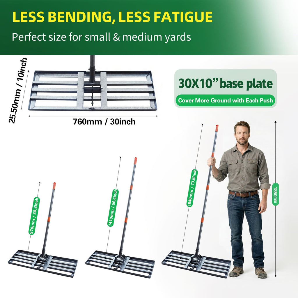 Lawn Leveling Rake 30x10 Inch, 6FT Heavy-Duty Carbon Steel Lawn Leveler – Yard Leveling Rake for Soil, Sand, Grass, Perfect for Lawn Repair, Pit Filling & Garden Maintenance