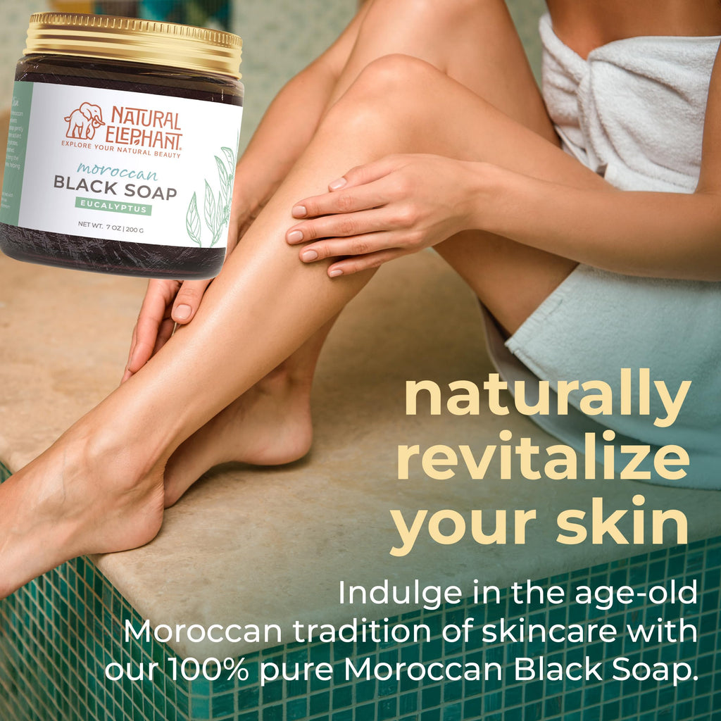 Natural Elephant Moroccan Black Soap | 7oz | Nila Indigo | Traditional Hammam Beldi Soap, 100% Natural Ingredients, Ideal for Exfoliating and Even Skin Appearance