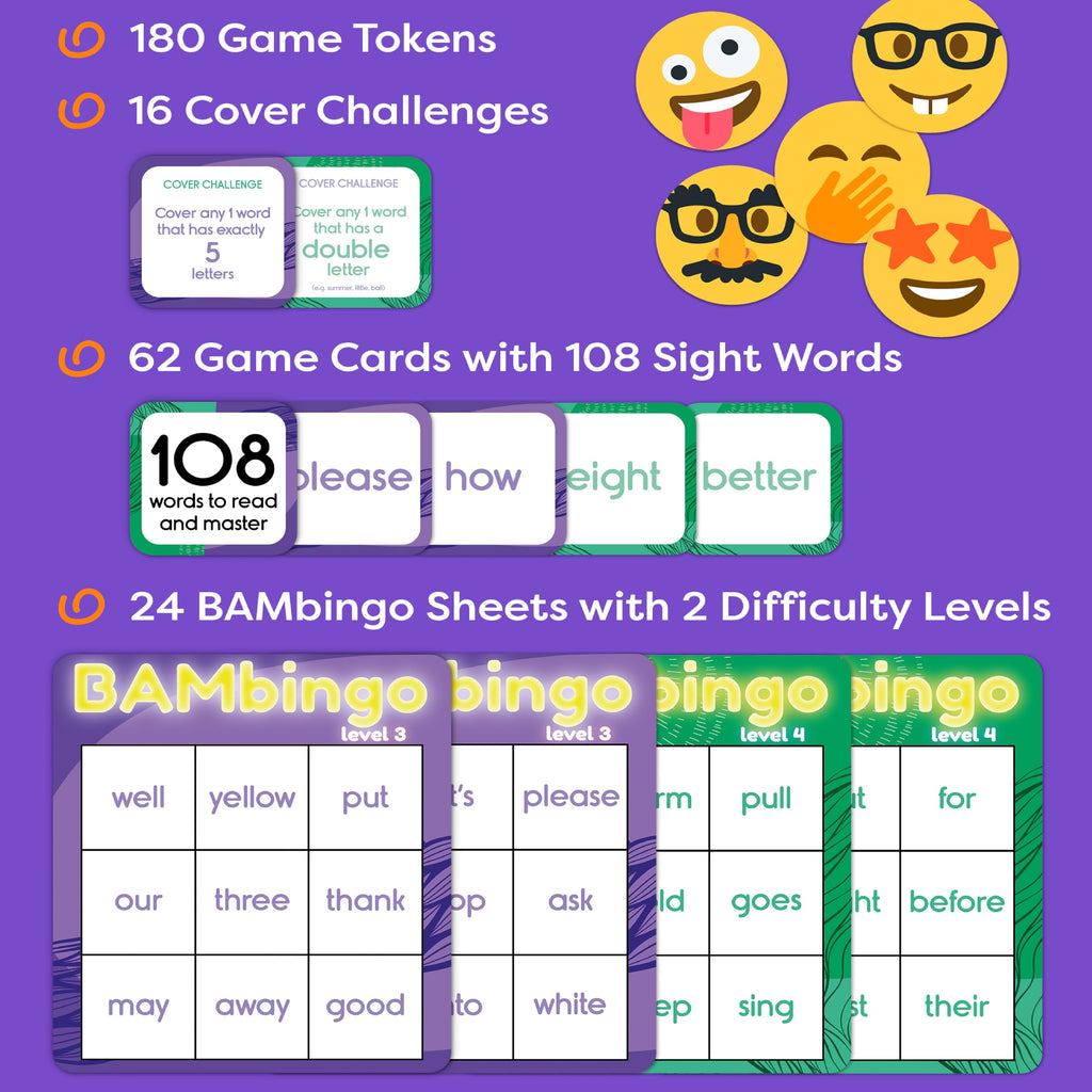 THE BAMBINO TREE Sight Word Bingo Game Level 3 & 4 - Learn to Read Vocabulary for 1st 2nd 3rd Grade Kids - Dolch's Fry's Site Words Reading Game