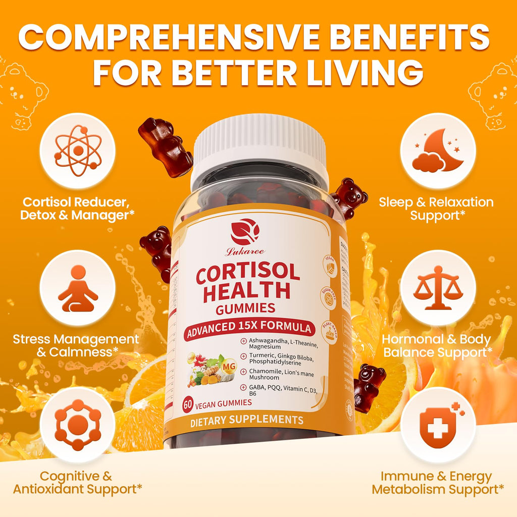 Lukaree Cortisol Supplements for Women & Men, 15 in 1 Cortisol Reducer Manager, Cortisol Calm Gummies with Ashwagandha, Magnesium, L-theanine, GABA - for Mood, Focus, Sleep - Vegan Sugar Free, 60 Ct.