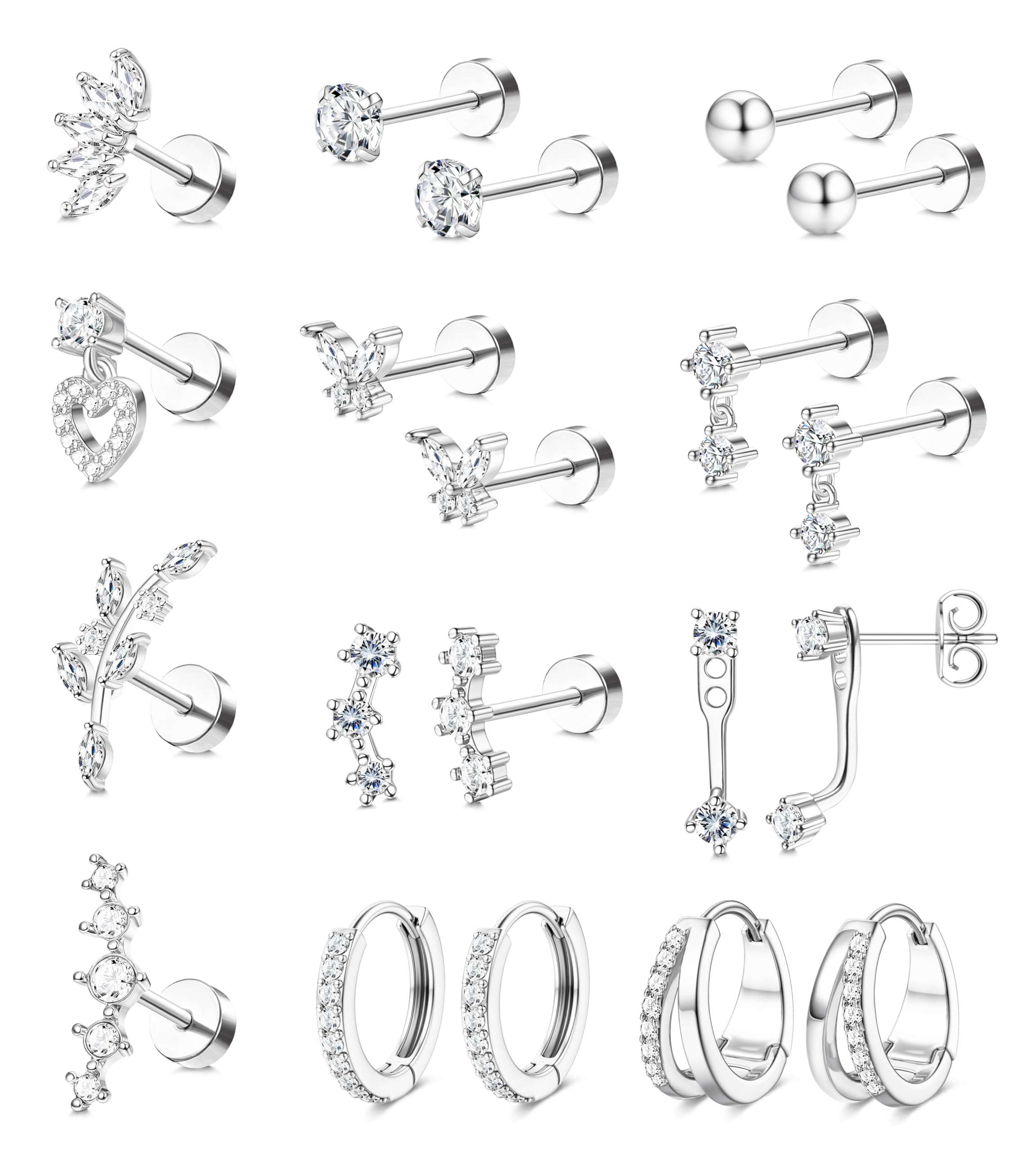 BESTEEL Hypoallergenic Flat Back Earrings for Women Sliver Stud Hoops Set