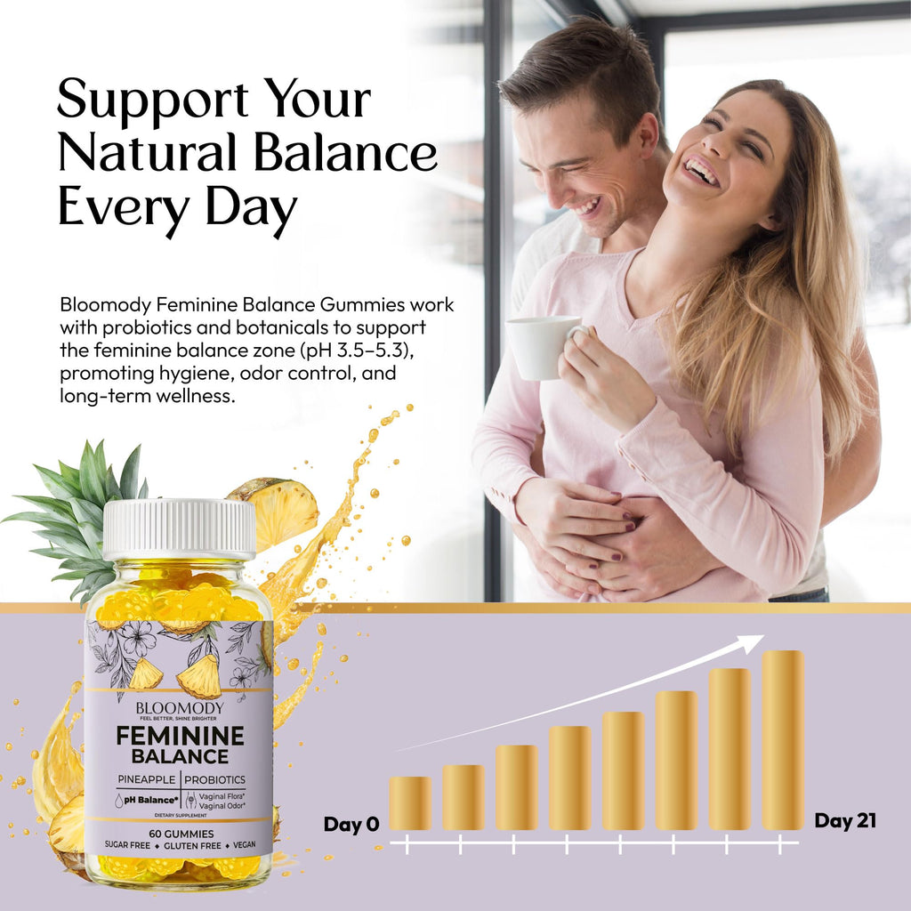Bloomody Probiotic Feminine Balance Gummies for Women - pH Balance & Vaginal Health Supplement with Cranberry Vitamin C - Natural Pineapple pH Balancing Gummy for Healthy Odor Hygiene Support