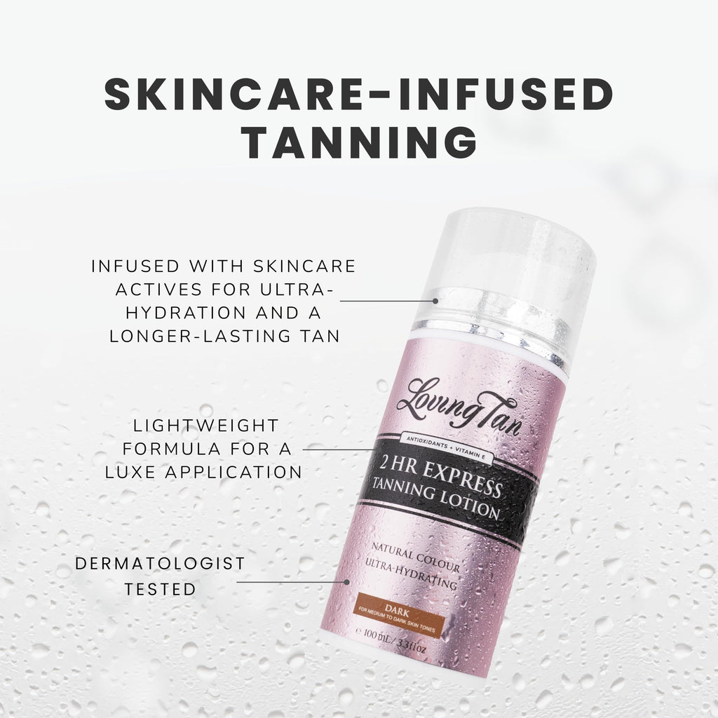 Loving Tan NEW 2 Hr Express Self Tanning Body Lotion, Dark - Hydrating Natural-Looking Glow Sunless Self Tanner, Streak-Free, Dermatologist Tested, Lightweight, Vegan and Cruelty-Free - 3.3 fl oz