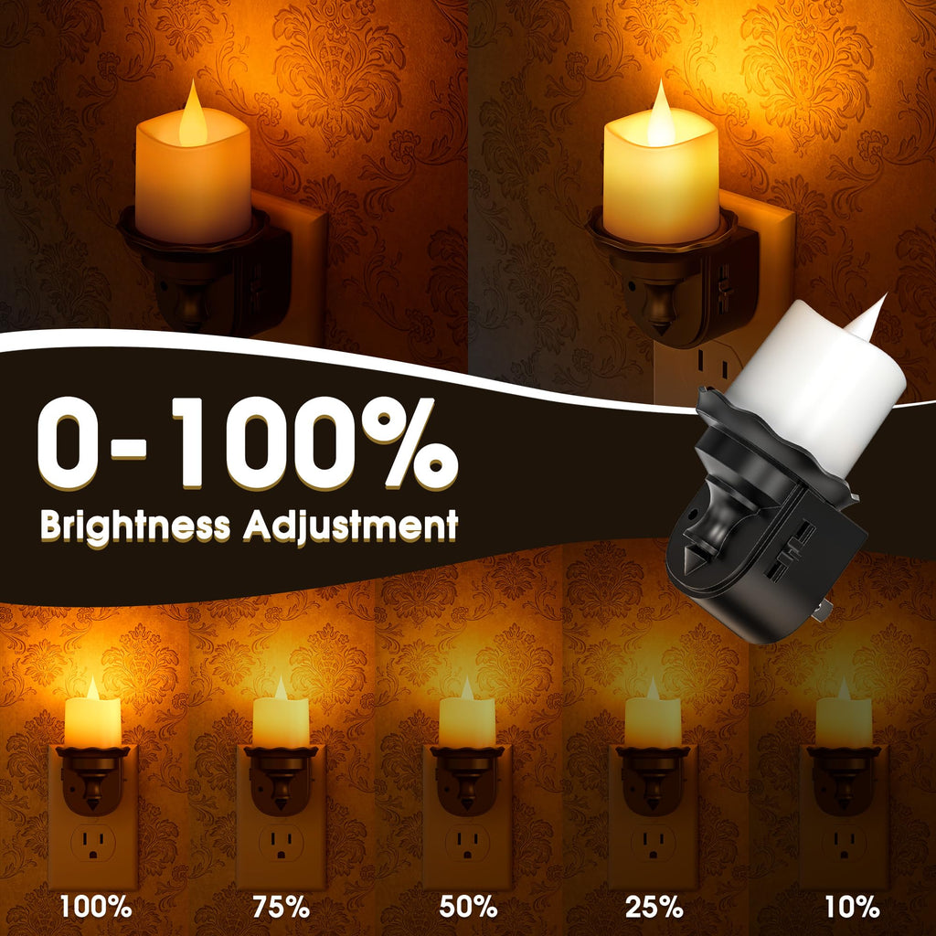 Briignite Candle Night Light, Amber Night Lights Plug into Wall 2 Pack, LED Flicker Candle Night Light with Light Sensor, 0-100LM Dimmable Nightlight for Kids Hallway Bathroom