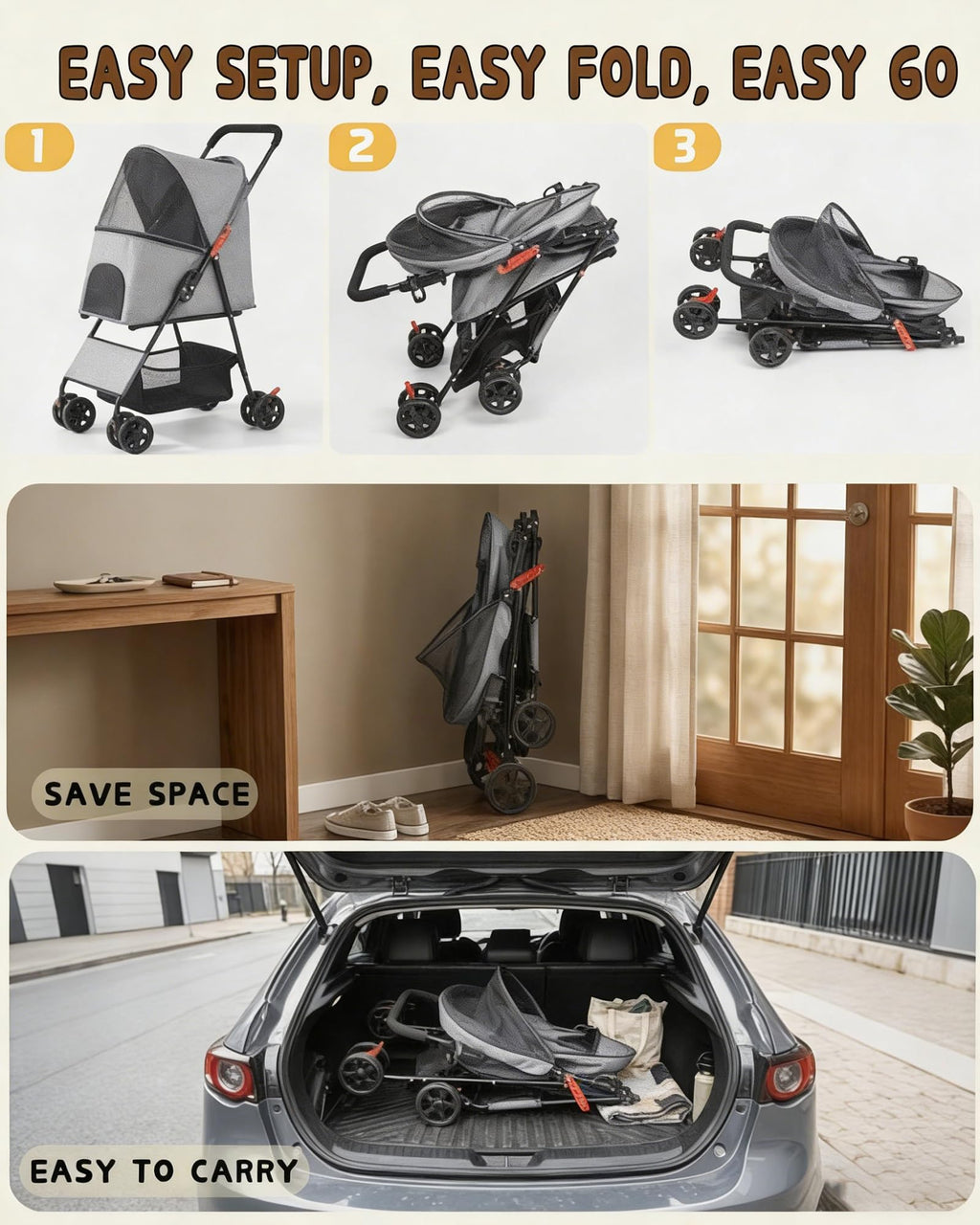 Pet Stroller for Small Medium Dogs Cats - Lightweight 10lbs Foldable Dog Stroller, Breathable Mesh & Safety Tether, 33lbs Capacity with Locking Wheels, Storage Basket for Outdoor Walks-Gray