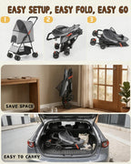 Pet Stroller for Small Medium Dogs Cats - Lightweight 10lbs Foldable Dog Stroller, Breathable Mesh & Safety Tether, 33lbs Capacity with Locking Wheels, Storage Basket for Outdoor Walks-Gray