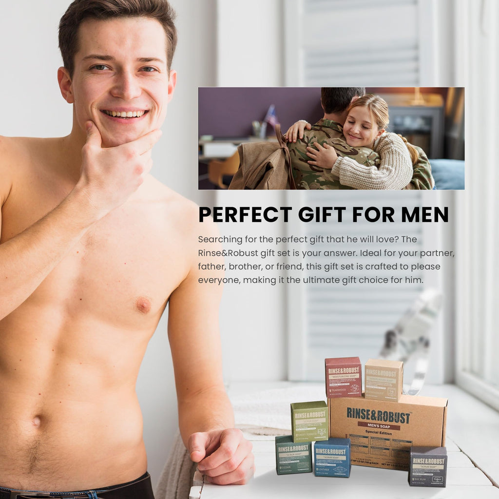 Rinse & Robust Mens Natural Bar Soap 6Pcs Handmade Cleansing Soap Bar Set Moisturizing&Exfoliating Scrub Soap Gifts for Men 6 Different Scents 3.5 oz of 6 Bars