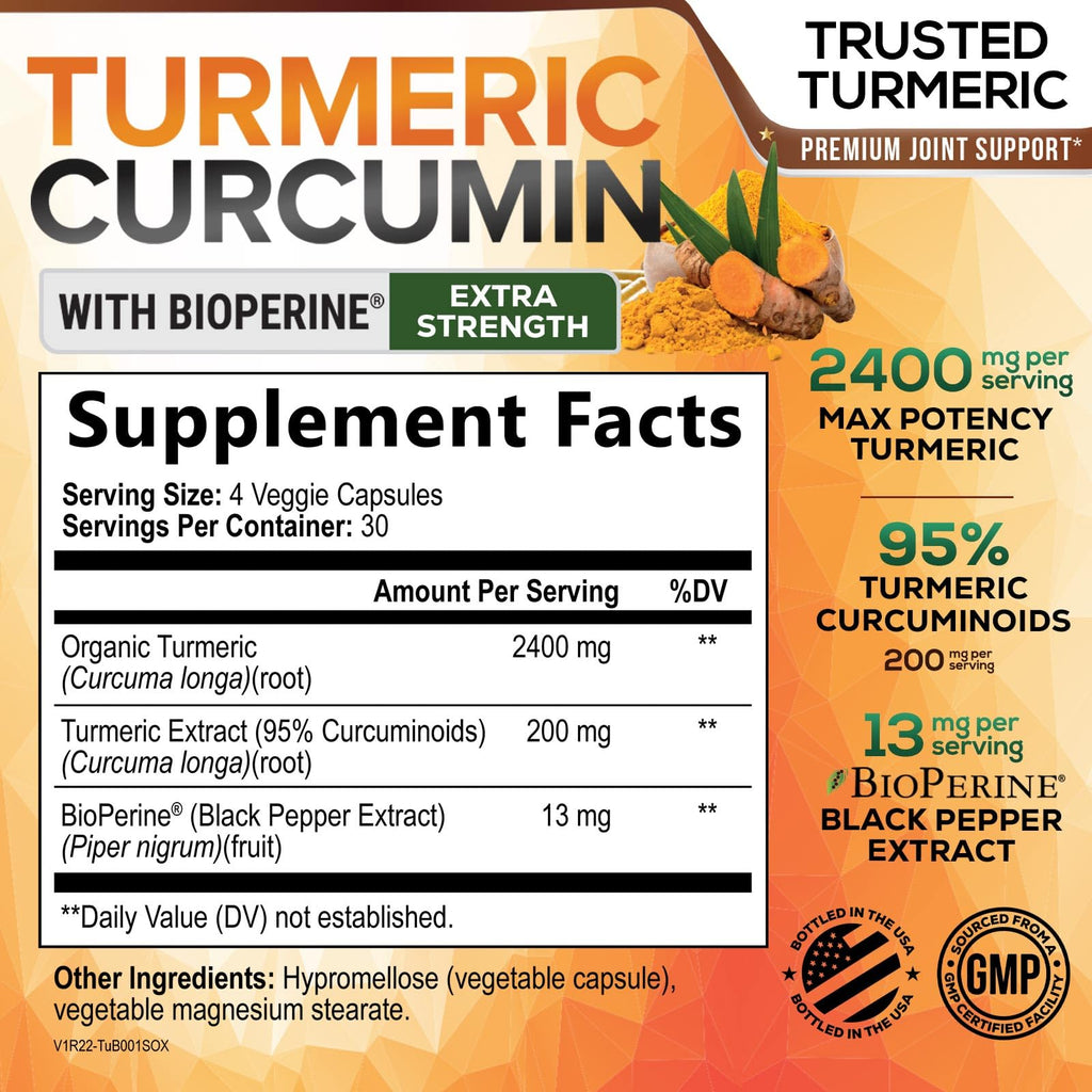 Turmeric Curcumin Supplement - 2400mg Organic Turmeric Per Serving - 95% Curcuminoids & BioPerine Black Pepper Extract for Best Absorption - Natural Vegan Joint Support, Bottled in USA - 120 Capsules