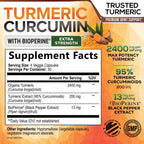 Turmeric Curcumin Supplement - 2400mg Organic Turmeric Per Serving - 95% Curcuminoids & BioPerine Black Pepper Extract for Best Absorption - Natural Vegan Joint Support, Bottled in USA - 120 Capsules