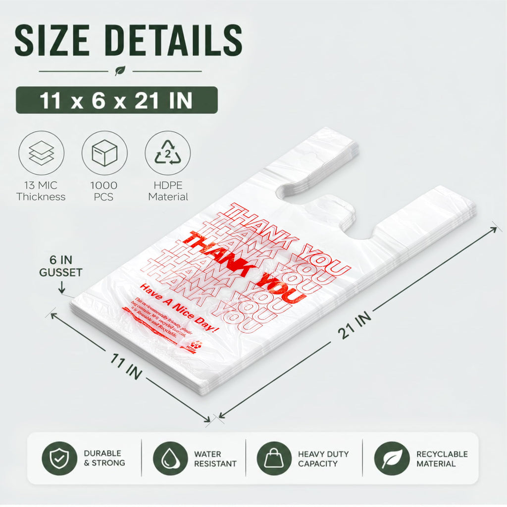 YoYoRain 1000 Pack White Thank You T-Shirt Bags with Handles, 11"x6"x21" Plastic Shopping Bags for Grocery, Retail & Takeout