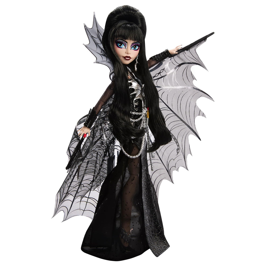 Monster High Doll, Elvira, Mistress of The Dark Collectible in Black Faux Leather Dress with Silvery Batwing Cape and Premium Accessories