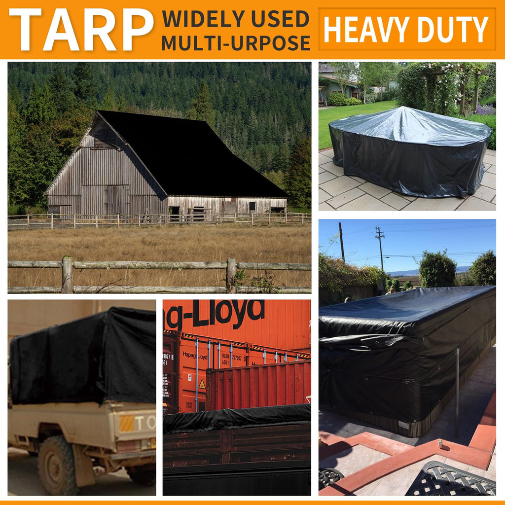 Tarps Heavy Duty Waterproof 8x12ft,TEZONG Black Tarp 16Mil Plastic Tarpaulin Outdoor Tarp Cover for Emergency Rain,Patio Furniture,Wood,Roof,Camping,Car,Pool