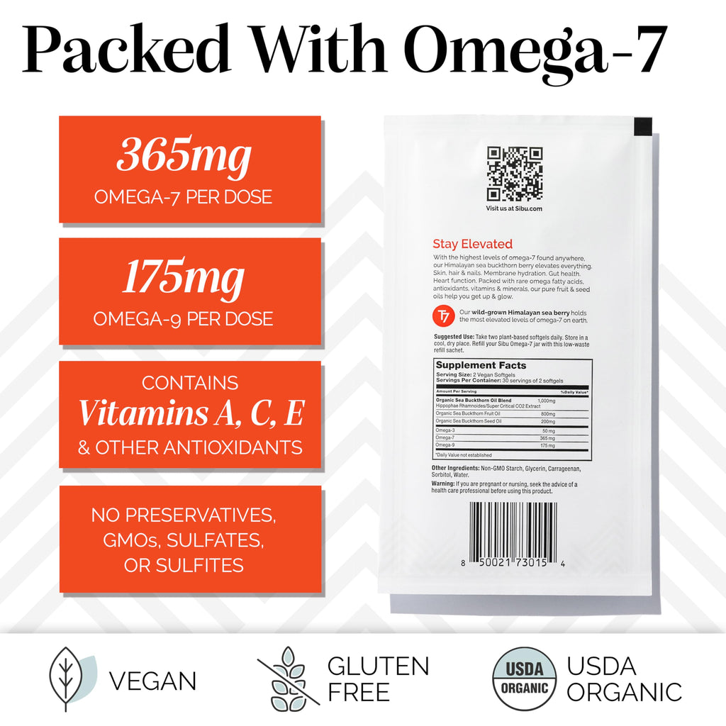 sibu Sea Buckthorn Omega-7 Softgels (90-Day Refill Sachet) – Supplement for Healthy Skin, Hair, Nails and Dryness