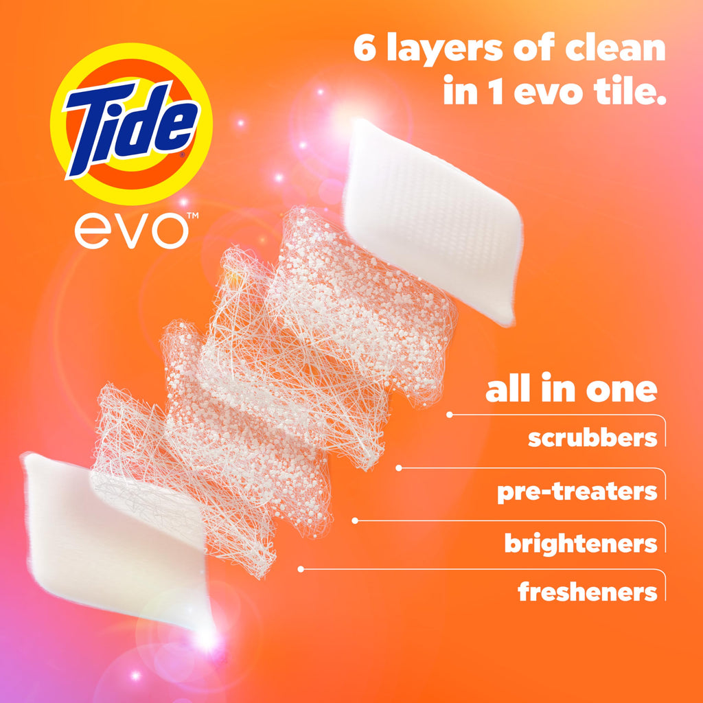 Tide evo Laundry Detergent Original Scent Works on 100% of Common Stains Concentrated Travel Detergent HE Compatible and Instant Dissolve Fights Stains Better than Leading Detergent Sheet, 42 Count