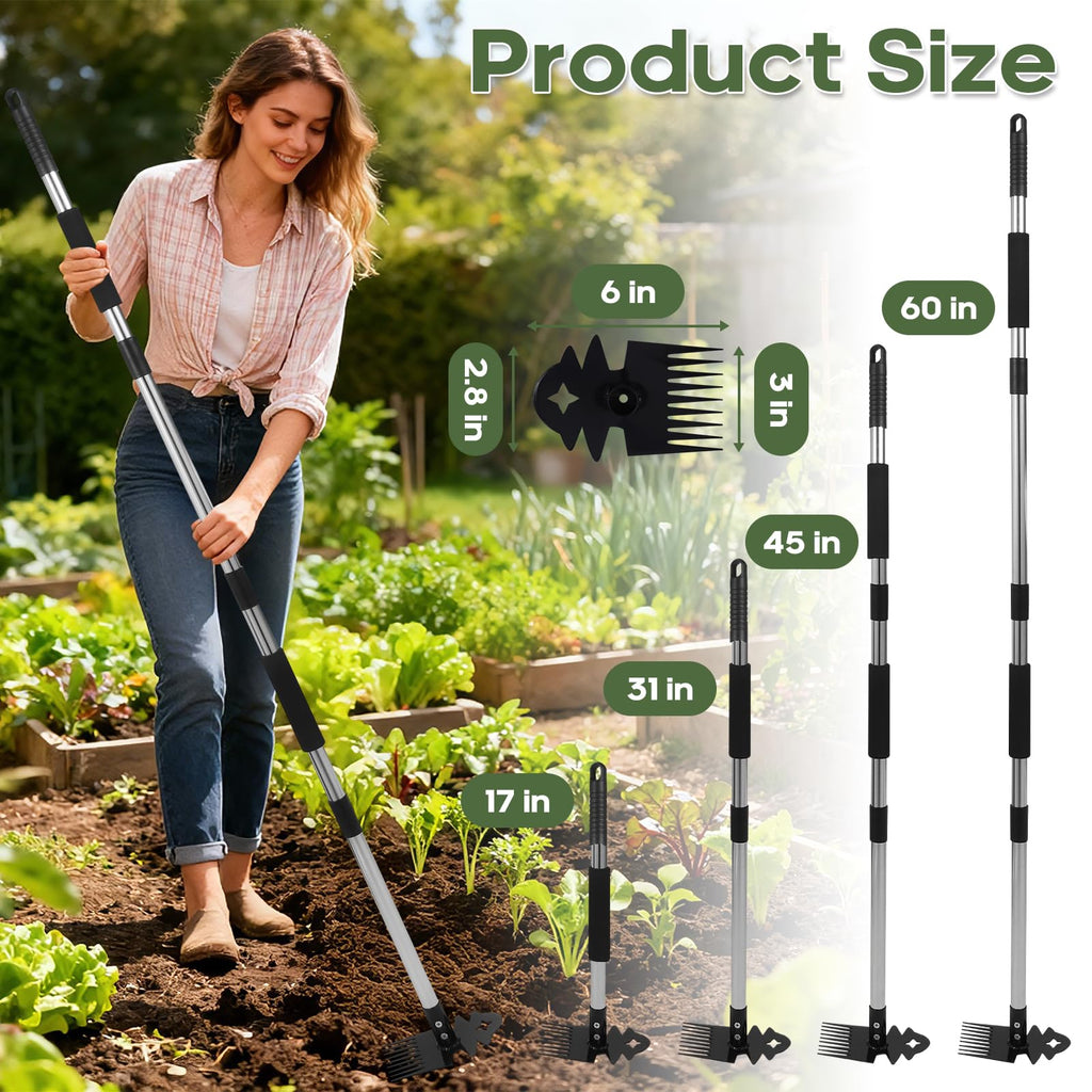 Babook Weed Tool with Long Handle - 60" Manual Weeder Remover Tool, 2 in 1 Hand Weed Rake and Garden Hoe for Gardening, Heavy Duty Uprooting Weeding Pull for Yard, Lawn, Patio and Garden