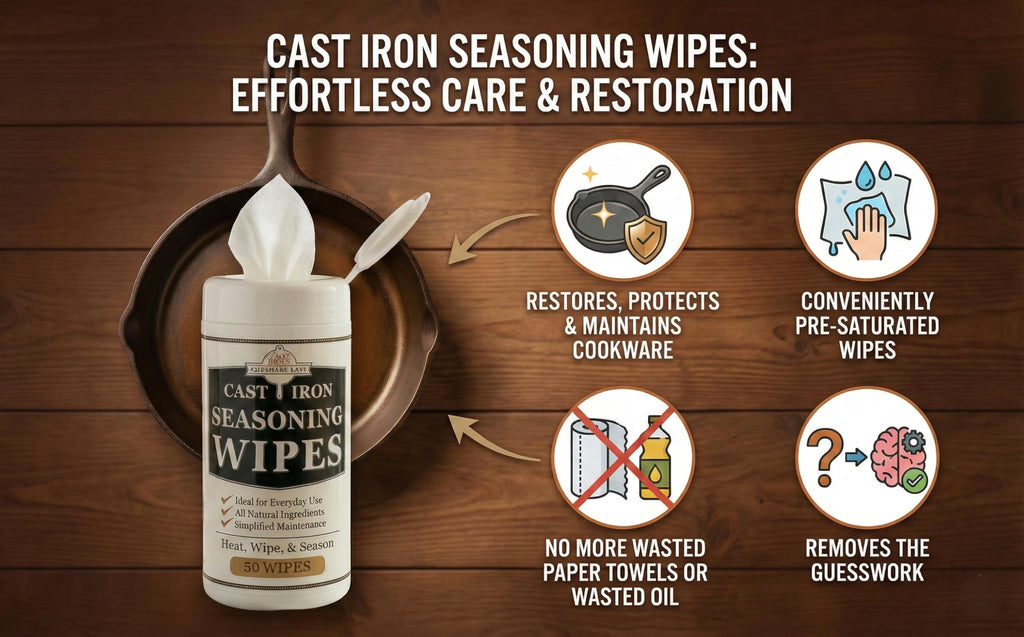 Cookware Care Cast Iron Seasoning Oil Wipes, 50 Wipes, Made in USA with Grapeseed Oil for Cast Iron Skillet, Blackstone Griddle (1 pack)