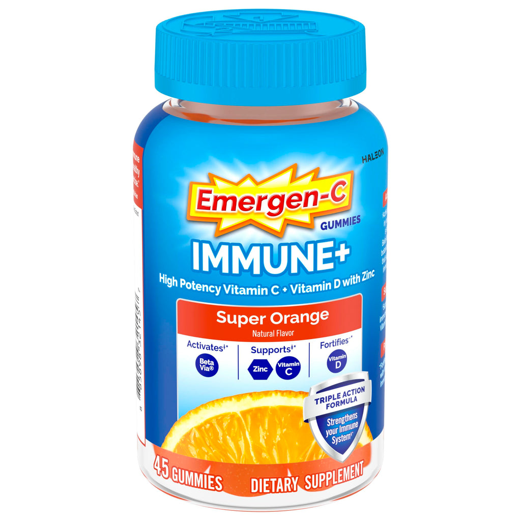 Emergen-C Immune+ Triple Action Immune Support Gummies, BetaVia (R), 1000mg Vitamin C, B Vitamins, Vitamin D and Antioxidants, Super Orange, Back to School Essentials - 45 Count