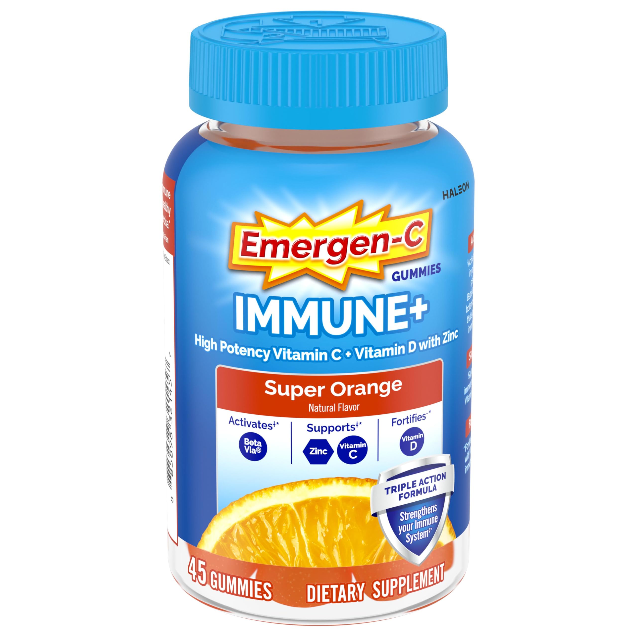 Emergen-C Immune+ Triple Action Immune Support Gummies, BetaVia (R), 1000mg Vitamin C, B Vitamins, Vitamin D and Antioxidants, Super Orange, Back to School Essentials - 45 Count