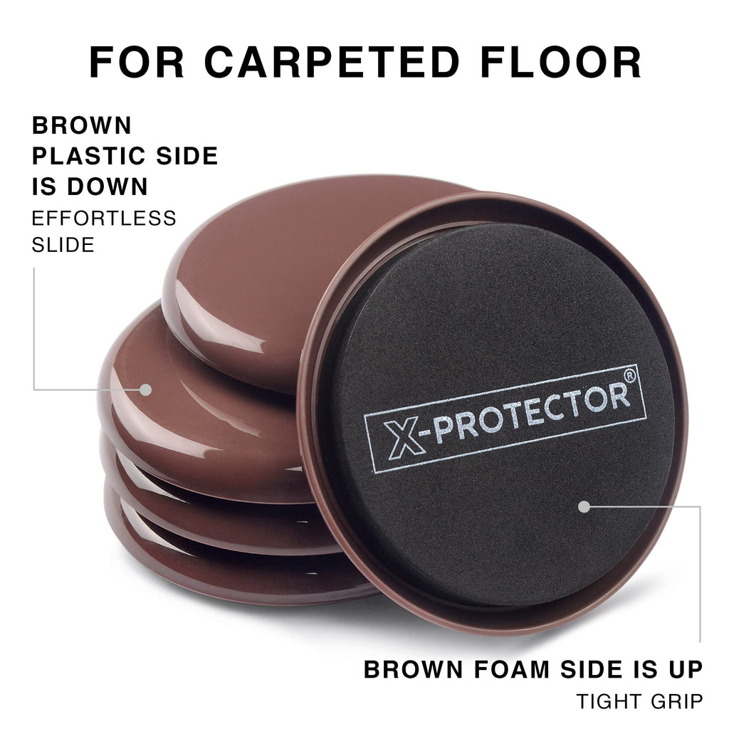 Furniture Sliders X-PROTECTOR - 4+4 Pack 5” - Brown Multi-Surface Furniture Sliders for Carpet & Hard Floors - 4 Furniture Movers for Carpeted Floors and 4 Hardwood Socks - Move Furniture Easily!