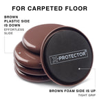 Furniture Sliders X-PROTECTOR - 4+4 Pack 5” - Brown Multi-Surface Furniture Sliders for Carpet & Hard Floors - 4 Furniture Movers for Carpeted Floors and 4 Hardwood Socks - Move Furniture Easily!