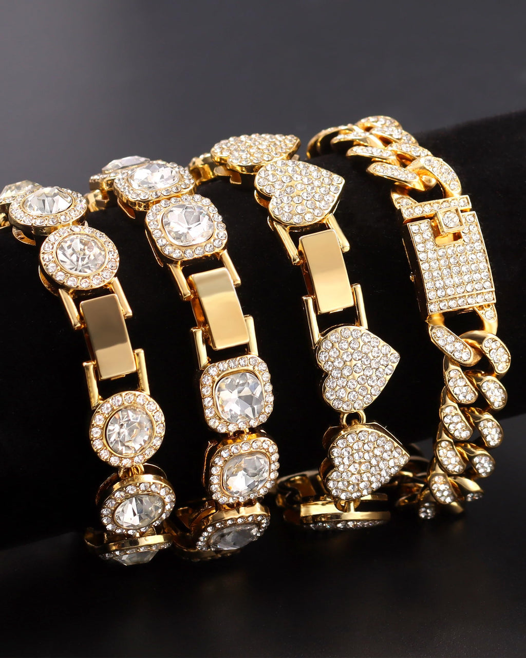 shopbyskyler 4PCS Gold Bracelets for Women Silver Clustered Tennis Bracelet for Women Heart Round Diamond Cuban Bracelet Layered Link Bracelet Set Fashion Jewelry for Women Set (Gold, 7inch)