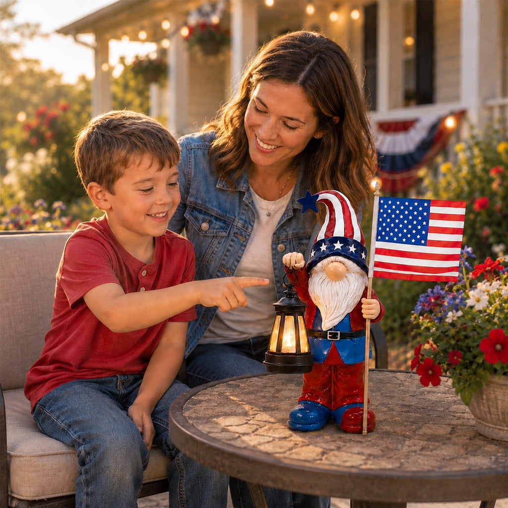 Nacome Solar Patriotic Gnomes Statues with Flag for Garden Decor