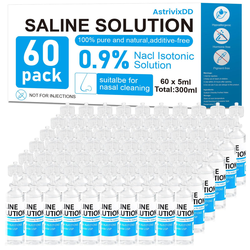 AstrivixDD 60 Pack 0.9% Saline Solution, Sodium Chloride for Cleaning, Normal Solution for All Ages, Total 300ml, 5ml Each