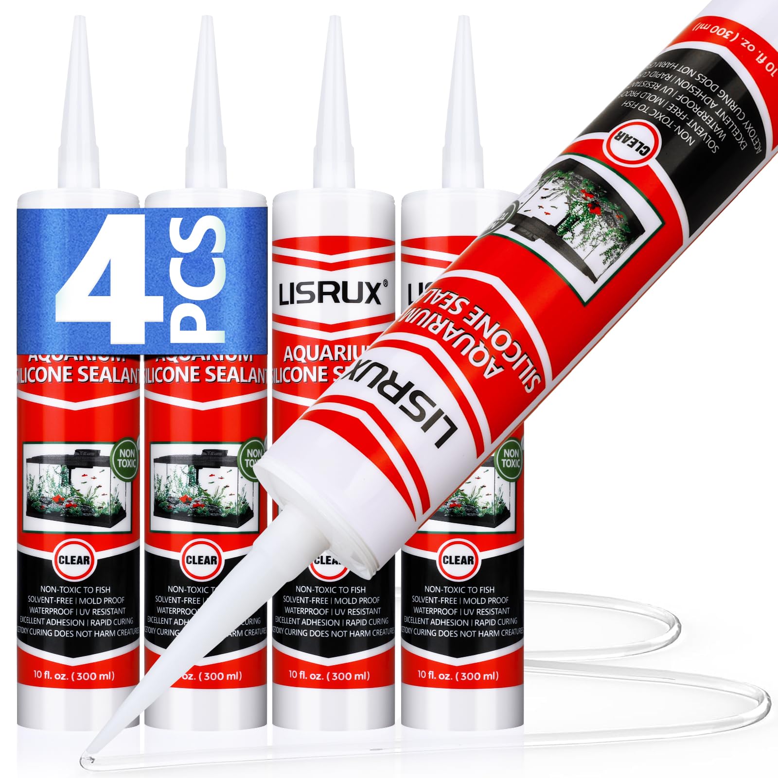 4 Pack Aquarium Silicone Clear Sealant, High Elasticity, Safe for Fish,Fast Curing Waterproof Aquarium Safe Silicone,10 Fl Oz Non-Toxic Fish Tank Safe Sealant,Strong Adhesion