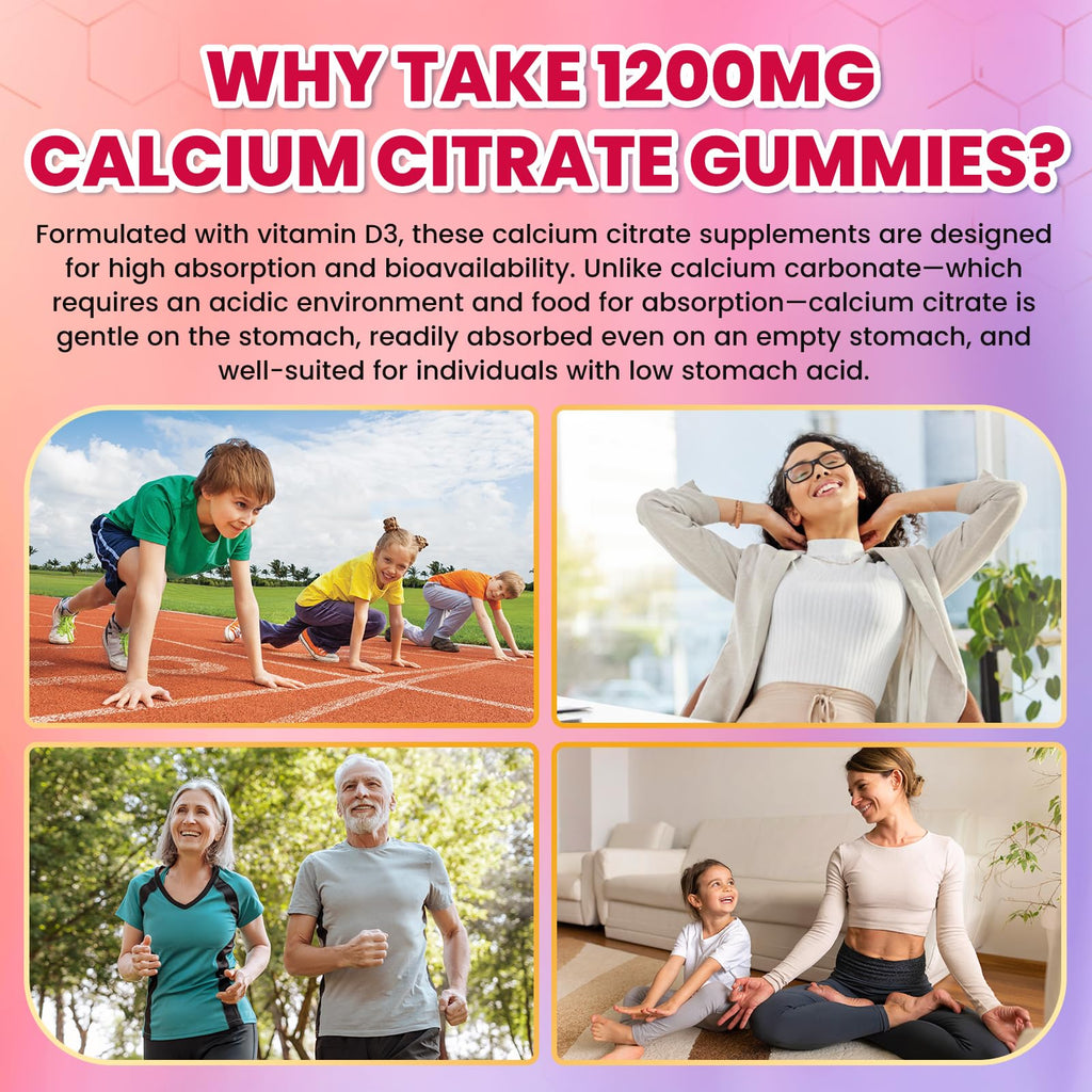 Calcium Citrate Gummies - 1200mg Calcium Gummies Supplements for Women & Men with Vitamin D3, K2, Magnesium, Zinc High Absorption for Bone, Muscle & Immune Support, Fruit Flavor, 60 Count
